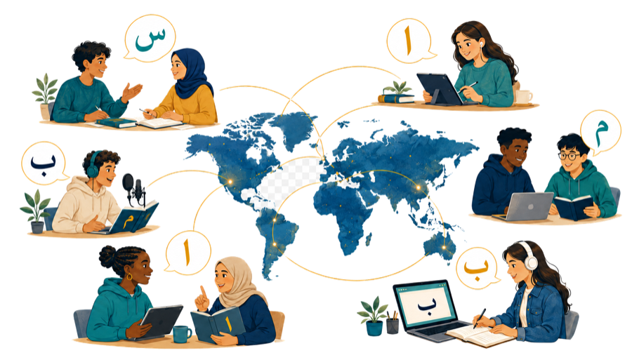 Illustrated world map highlighting the international presence of Arabic language and culture